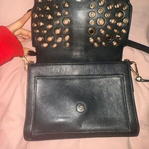 vintage rebecca minkoff genuine black leather gold study crossbody purse